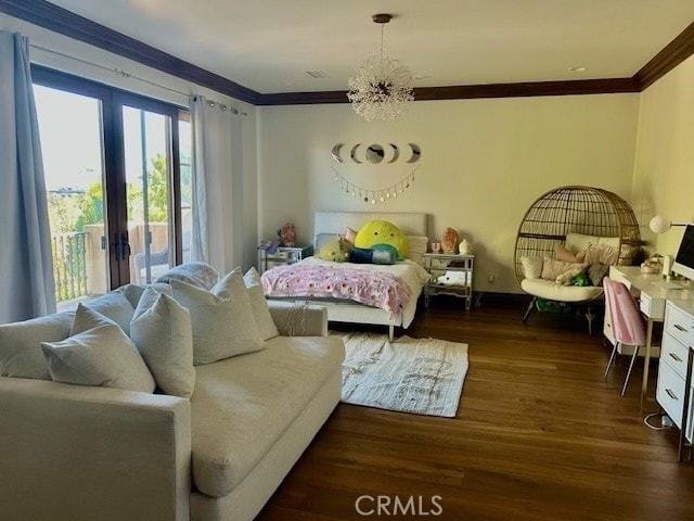 bedroom featuring ornamental molding, dark hardwood / wood-style flooring, access to outside, and a notable chandelier