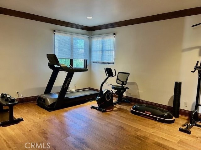 workout area featuring hardwood / wood-style flooring and crown molding