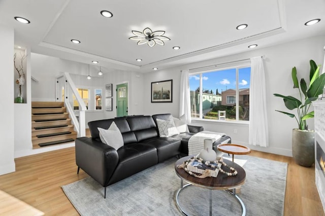 living room featuring a raised ceiling and light hardwood / wood-style flooring