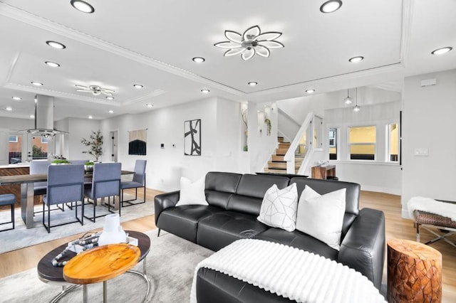 living room featuring crown molding, light hardwood / wood-style flooring, and a raised ceiling