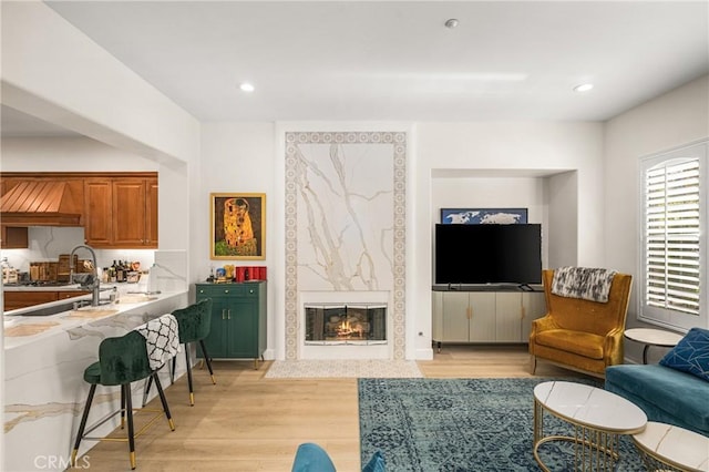 living room with a high end fireplace and light hardwood / wood-style flooring