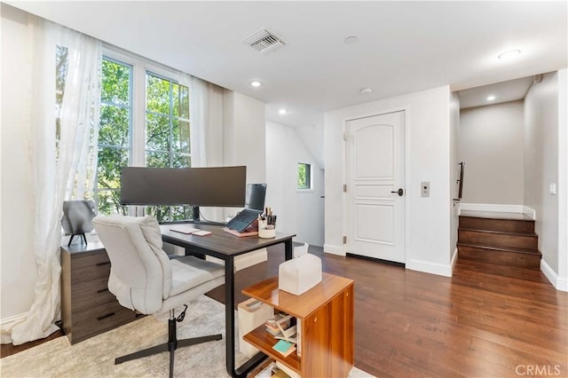 office area with dark hardwood / wood-style flooring