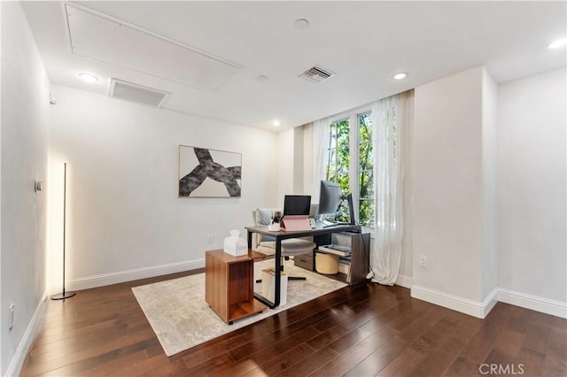 office area with dark hardwood / wood-style flooring