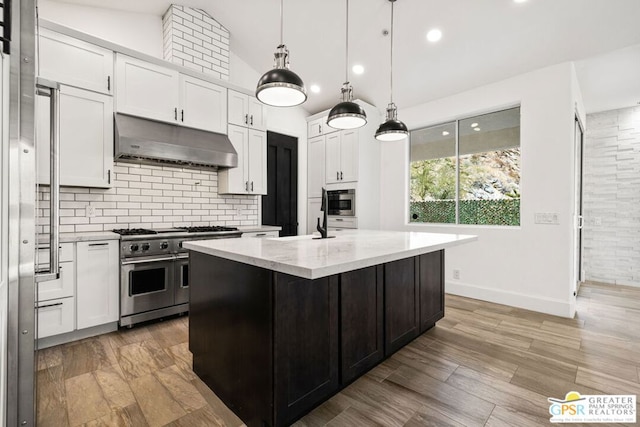 kitchen with pendant lighting, ventilation hood, an island with sink, white cabinets, and stainless steel appliances