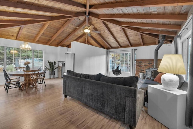 living room with lofted ceiling with beams, a wood stove, and wood ceiling