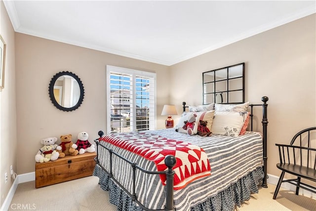 bedroom featuring light carpet and ornamental molding