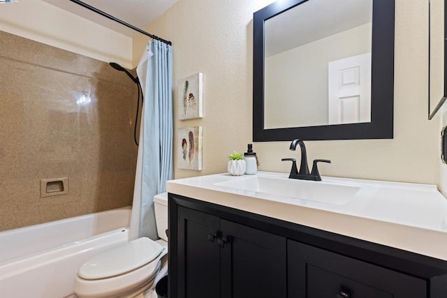 full bathroom with toilet, vanity, and shower / bath combination with curtain