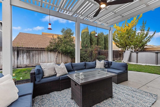 view of patio with ceiling fan, an outdoor hangout area, and a pergola