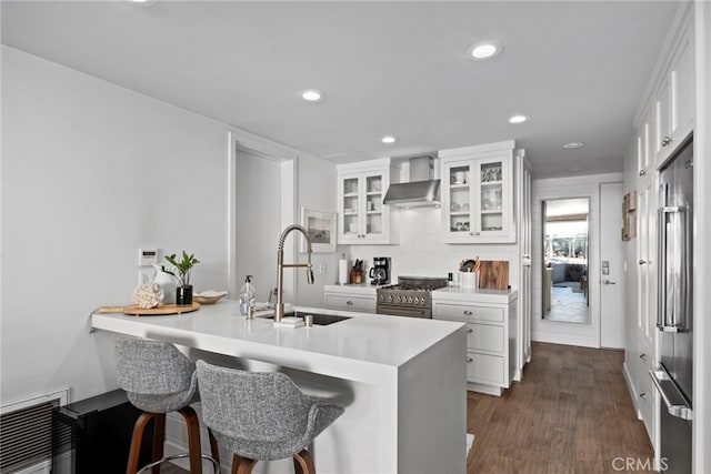 kitchen featuring wall chimney range hood, kitchen peninsula, premium appliances, and white cabinets