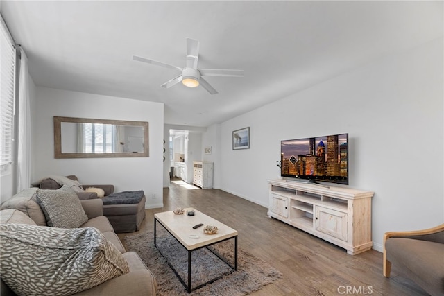 living room featuring wood-type flooring and ceiling fan