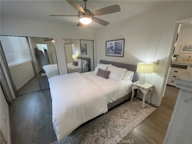 bedroom with hardwood / wood-style floors, ceiling fan, and a closet