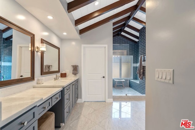 bathroom with vanity, vaulted ceiling with beams, and shower with separate bathtub