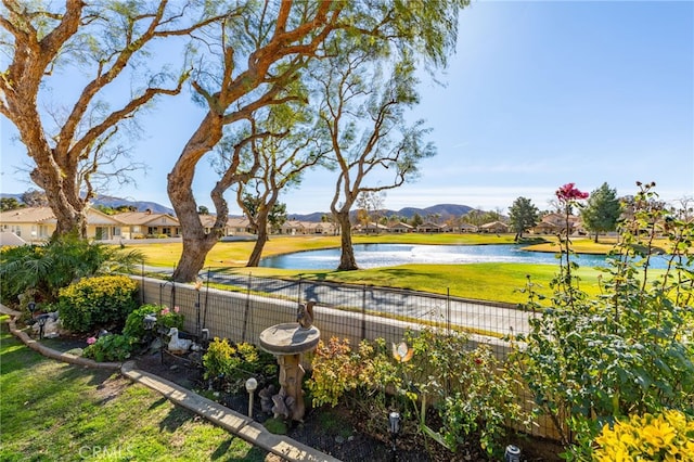 view of yard with a water and mountain view