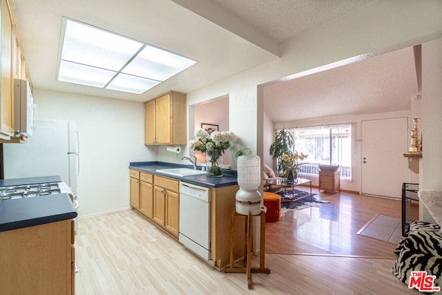 kitchen featuring light brown cabinetry, light wood-type flooring, sink, and white appliances