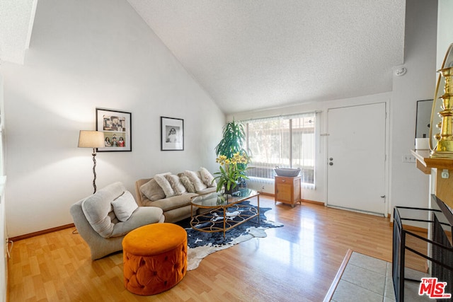 living room featuring high vaulted ceiling and light hardwood / wood-style flooring