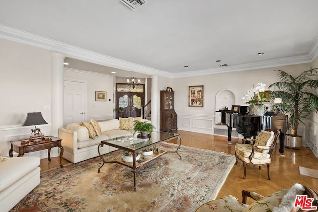 living room featuring decorative columns, parquet flooring, and ornamental molding