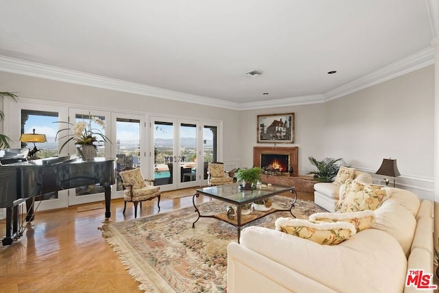 living room featuring parquet floors, ornamental molding, and french doors