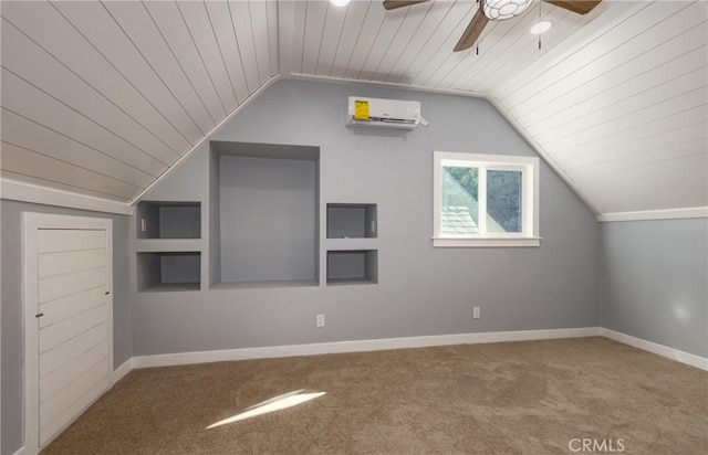 bonus room featuring ceiling fan, carpet, lofted ceiling, and an AC wall unit