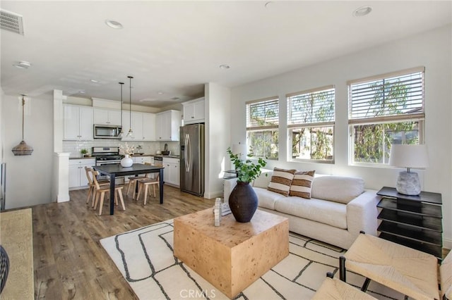 living room featuring a wealth of natural light and light hardwood / wood-style flooring