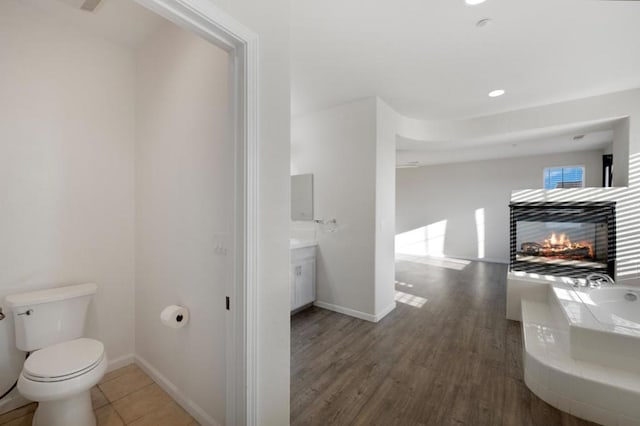 bathroom featuring toilet, a multi sided fireplace, hardwood / wood-style floors, and vanity