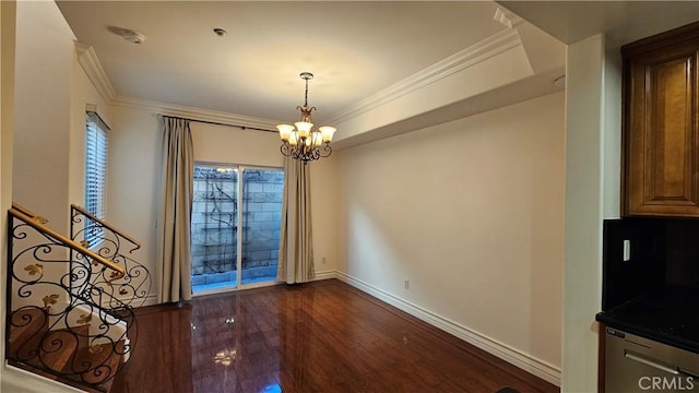 unfurnished dining area featuring dark wood-type flooring, a chandelier, and ornamental molding