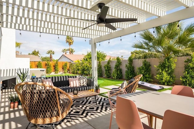 view of patio / terrace featuring ceiling fan, outdoor lounge area, a jacuzzi, and a pergola