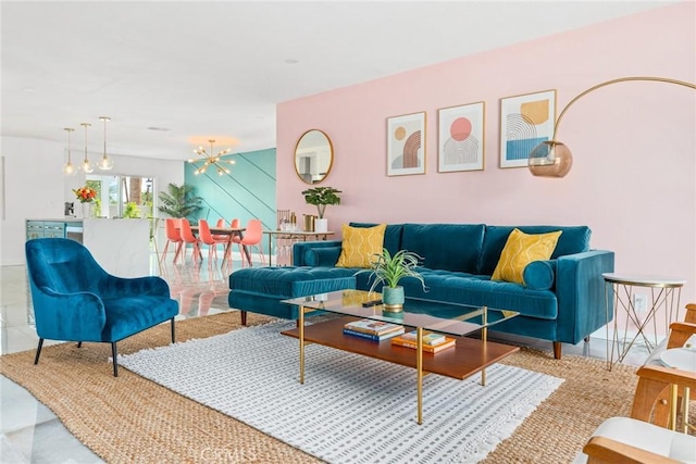 living room with a notable chandelier