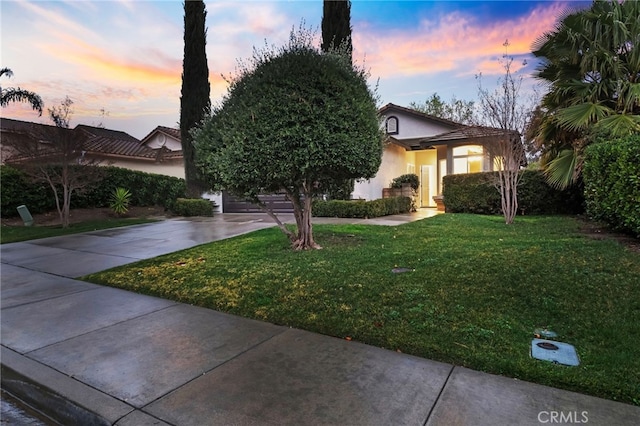 obstructed view of property with a garage and a yard