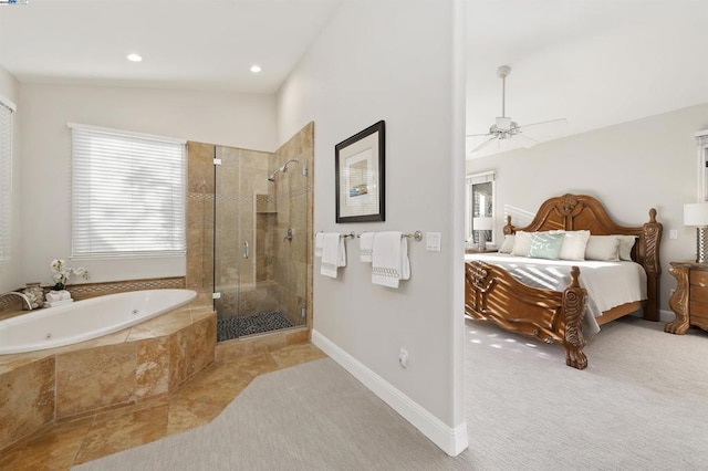 bathroom with ceiling fan, lofted ceiling, and separate shower and tub