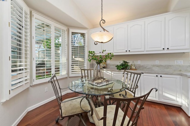 dining room with lofted ceiling, dark hardwood / wood-style floors, and a wealth of natural light