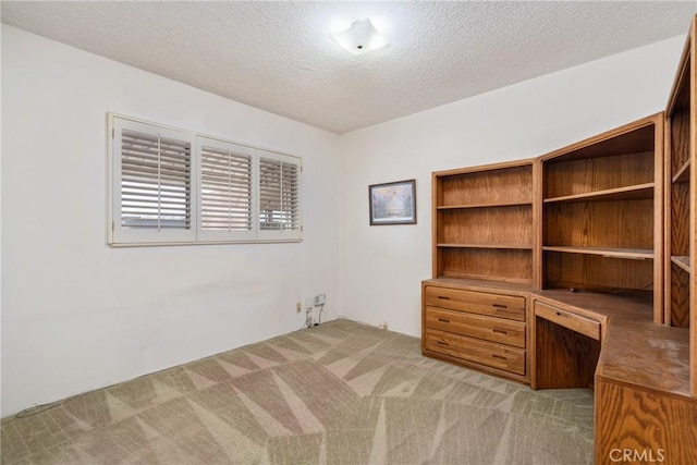 unfurnished office featuring light colored carpet and a textured ceiling