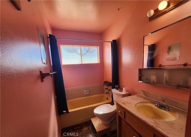 full bathroom with parquet flooring, toilet, vanity, and bathing tub / shower combination