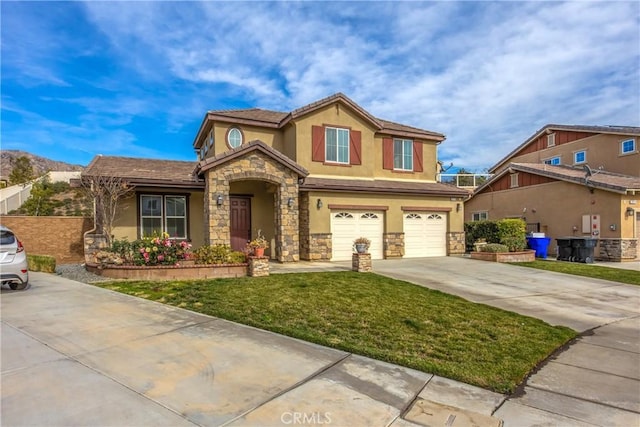 view of front of house with a garage and a front lawn