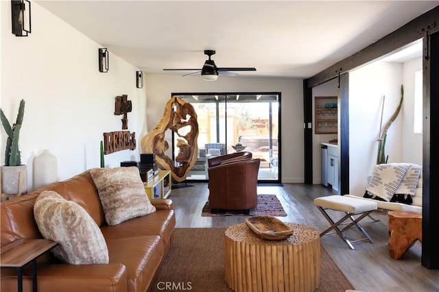 living room with ceiling fan and hardwood / wood-style flooring