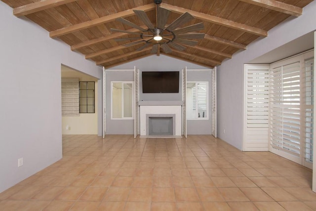 unfurnished living room featuring wooden ceiling, light tile patterned floors, lofted ceiling with beams, and ceiling fan