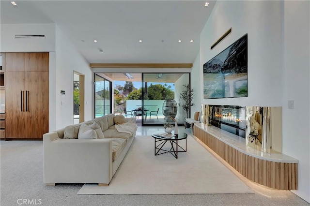 living room with a fireplace