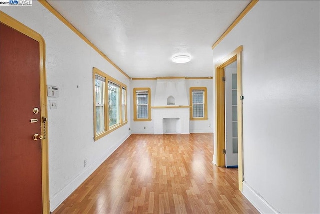 interior space with ornamental molding and light hardwood / wood-style flooring