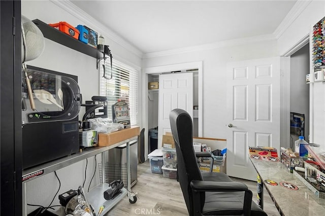 home office with wood finished floors and ornamental molding