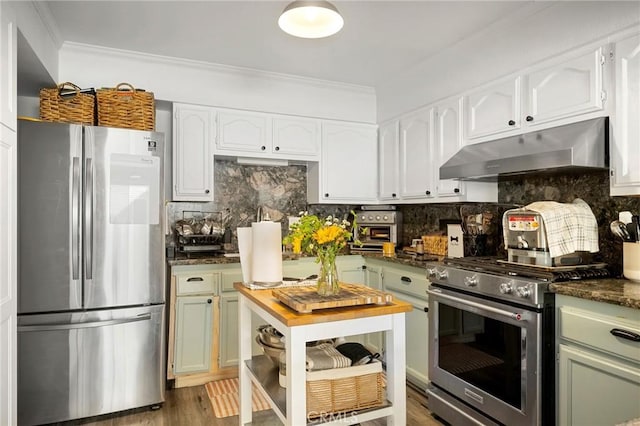 kitchen featuring ornamental molding, backsplash, under cabinet range hood, and stainless steel appliances