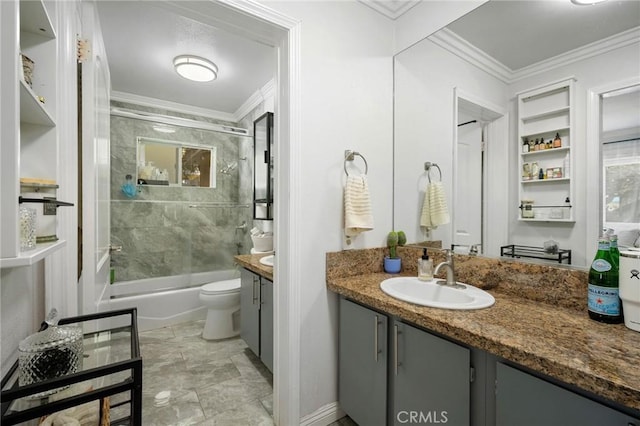 bathroom with vanity, toilet, shower / bath combination with glass door, and ornamental molding