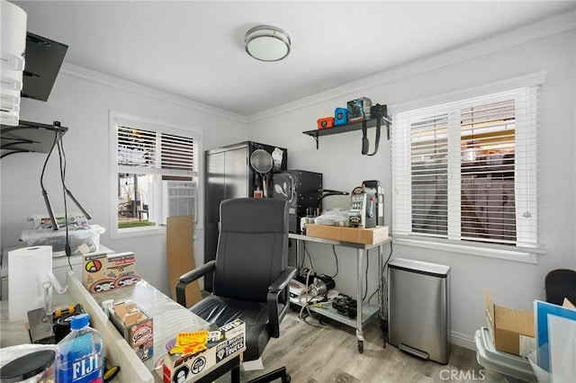 office with wood finished floors, baseboards, and ornamental molding