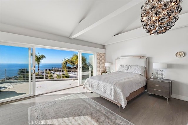 bedroom featuring access to outside, lofted ceiling with beams, a water view, dark hardwood / wood-style flooring, and a chandelier