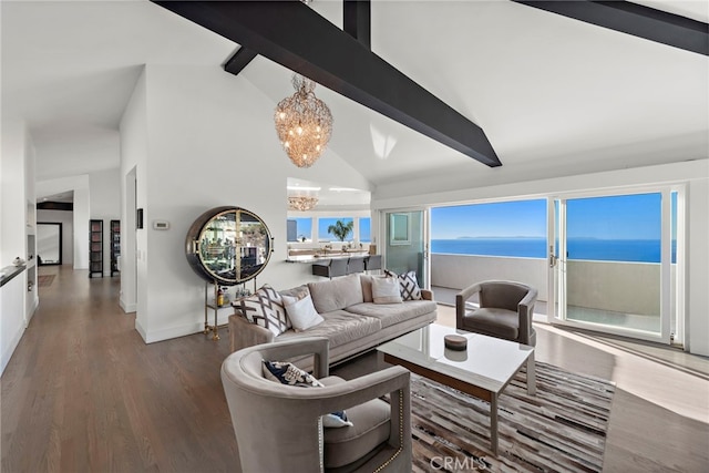 living room featuring beam ceiling, high vaulted ceiling, an inviting chandelier, dark wood-type flooring, and a water view