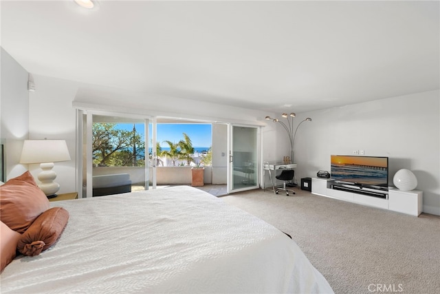 bedroom featuring light carpet and access to exterior