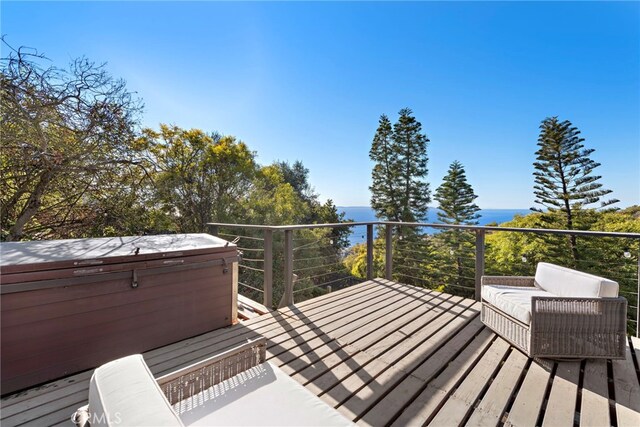 766 Pelican, Laguna Beach, CA 92651 - wooden deck featuring a water view and a hot tub