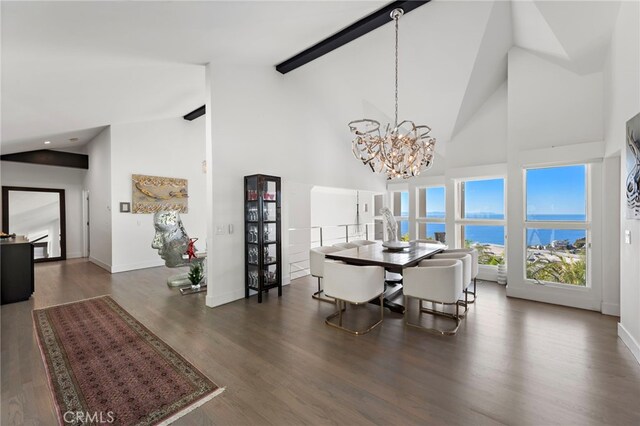 766 Pelican, Laguna Beach, CA 92651 - dining space featuring high vaulted ceiling, a chandelier, baseboards, wood finished floors, and beam ceiling