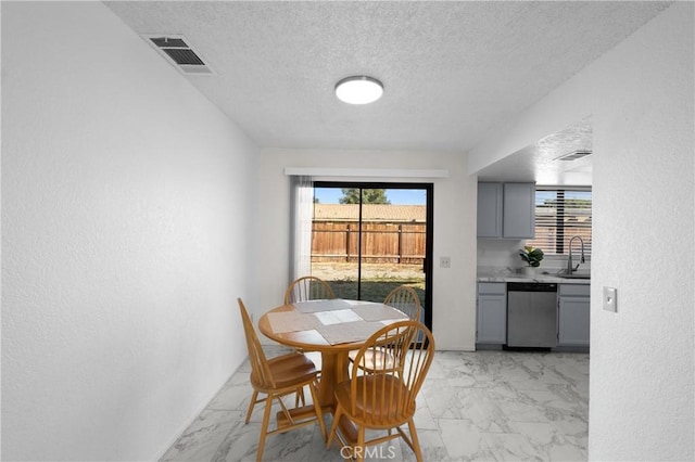 dining space with sink, a wealth of natural light, and a textured ceiling