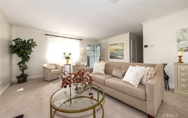 carpeted living room with ornamental molding