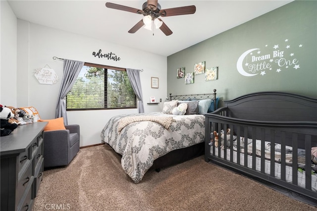 bedroom with ceiling fan and carpet flooring