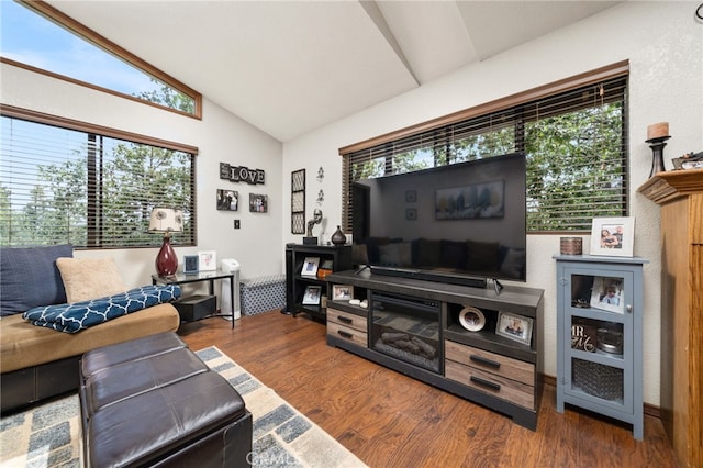 living room featuring lofted ceiling, dark hardwood / wood-style floors, and plenty of natural light